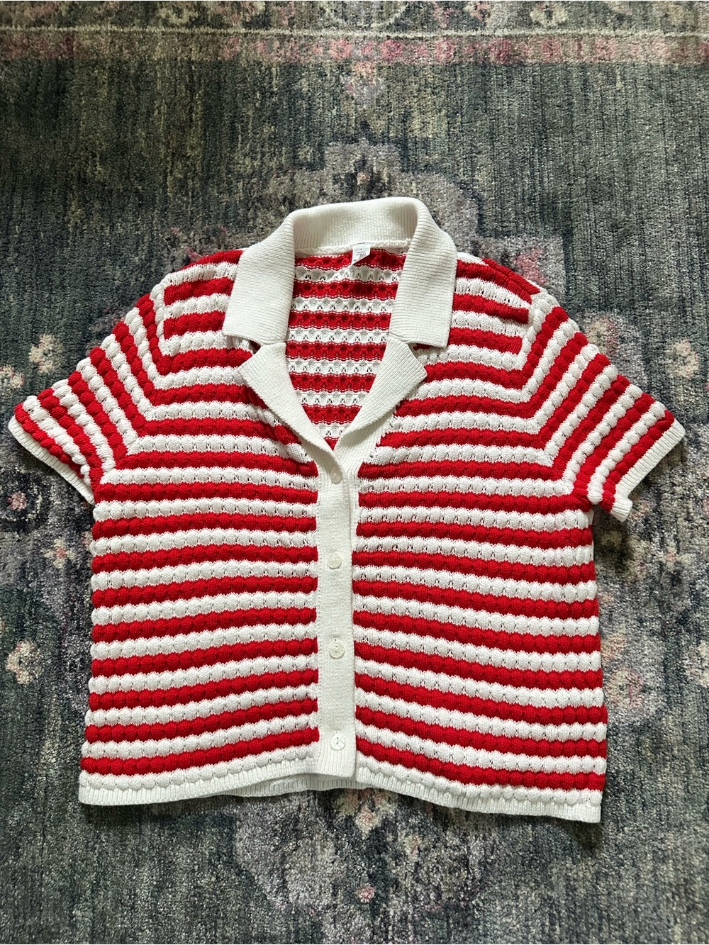 Old Navy Coastal Red and Cream Striped Short-Sleeve Knit Cardigan Polo Beach L
